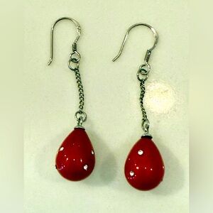 Red Beads with crystal inlays Teardrop earrings